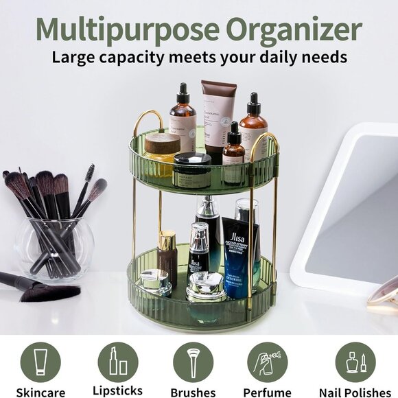360 Rotating Makeup Organizer for Vanity 2 Tier Large Capacity Organizer Bathroo - Picture 1 of 8